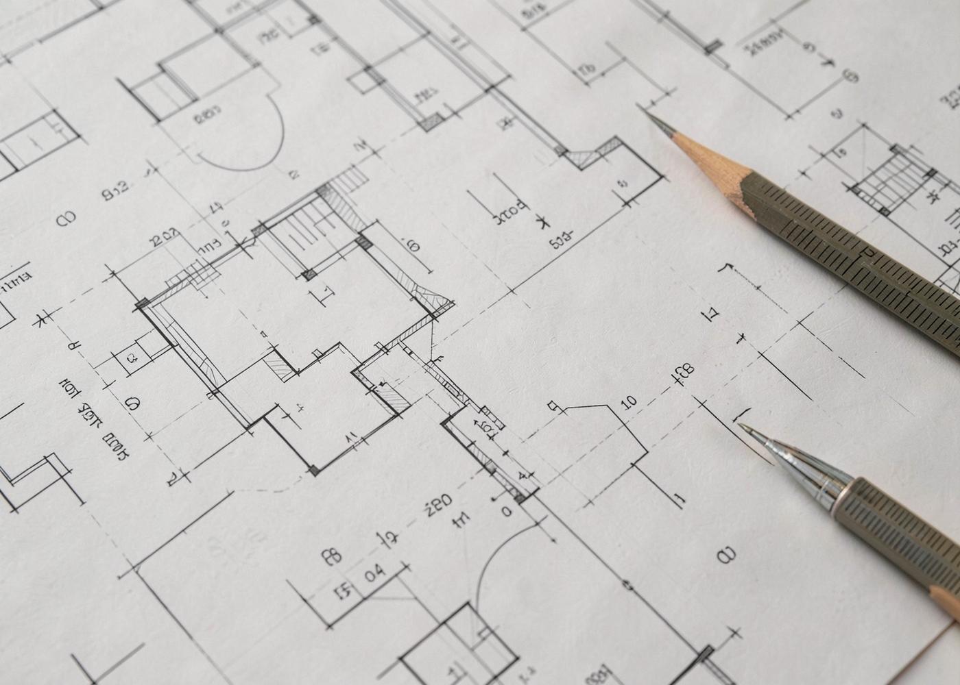 Elaborati tecnici e strumenti da disegno su tavolo da lavoro